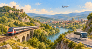 Bulgaristan’a Nasıl Gidilir? 2026 Otobüs, Tren, Uçak ve Arabayla Ulaşım Bulgaristan’a tren, otobüs ve uçakla ulaşımı anlatan temsili illüstrasyon