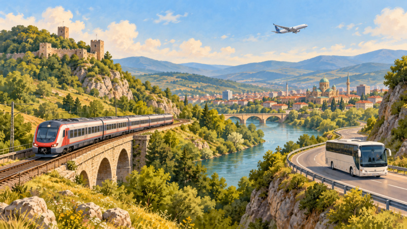 Bulgaristan’a tren, otobüs ve uçakla ulaşımı anlatan temsili illüstrasyon