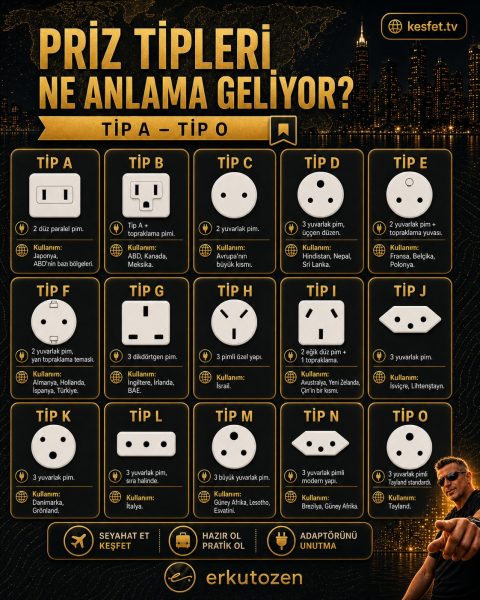 Dünya genelinde kullanılan priz tipleri ve Tip A’dan Tip O’ya seyahat adaptörü rehberi