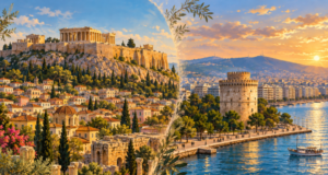 Atina mı Selanik mi? İlk Yunanistan Gezisi İçin Hangisi? Atina Akropolü ve Selanik Beyaz Kule’yi karşılaştıran yazısız seyahat illüstrasyonu