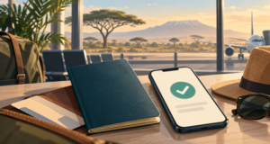 Tanzanya’ya Girişte Sağlık Formu Zorunlu: QR Kodu Kuralı ve Zanzibar Ayrımı Tanzanya seyahati öncesi pasaport ve sağlık beyanı hazırlığını anlatan yapay zekâ üretimi temsili illüstrasyon